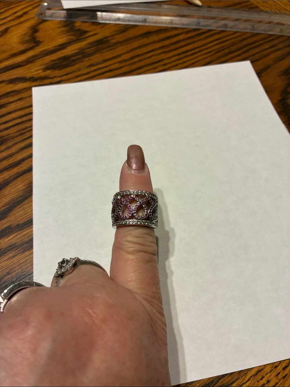 Silver Filigree Wide Band Ring with Pink Accents